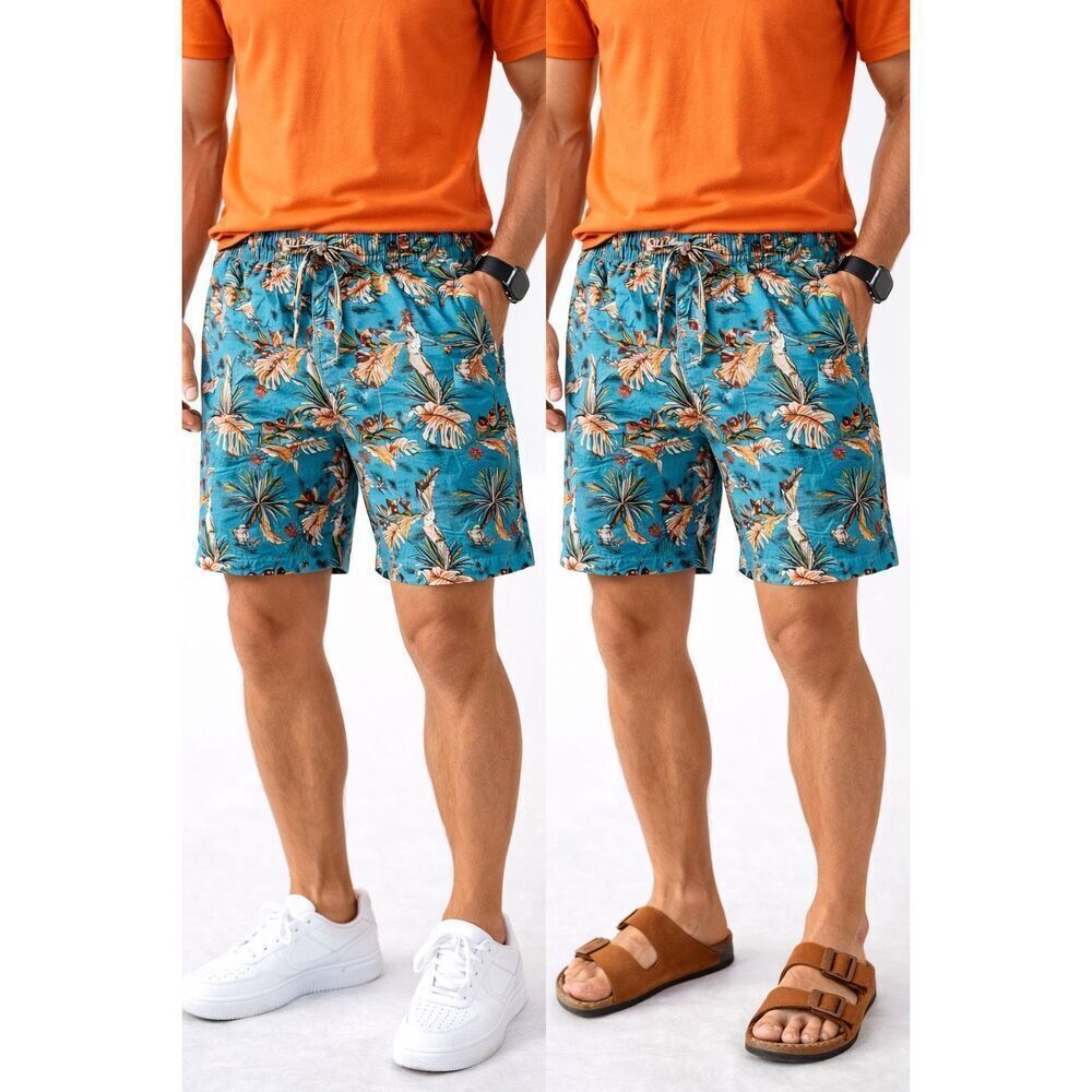 Massive Tropical Print Shorts Men Medium Teal Parrot Palm Drawstring Cotton